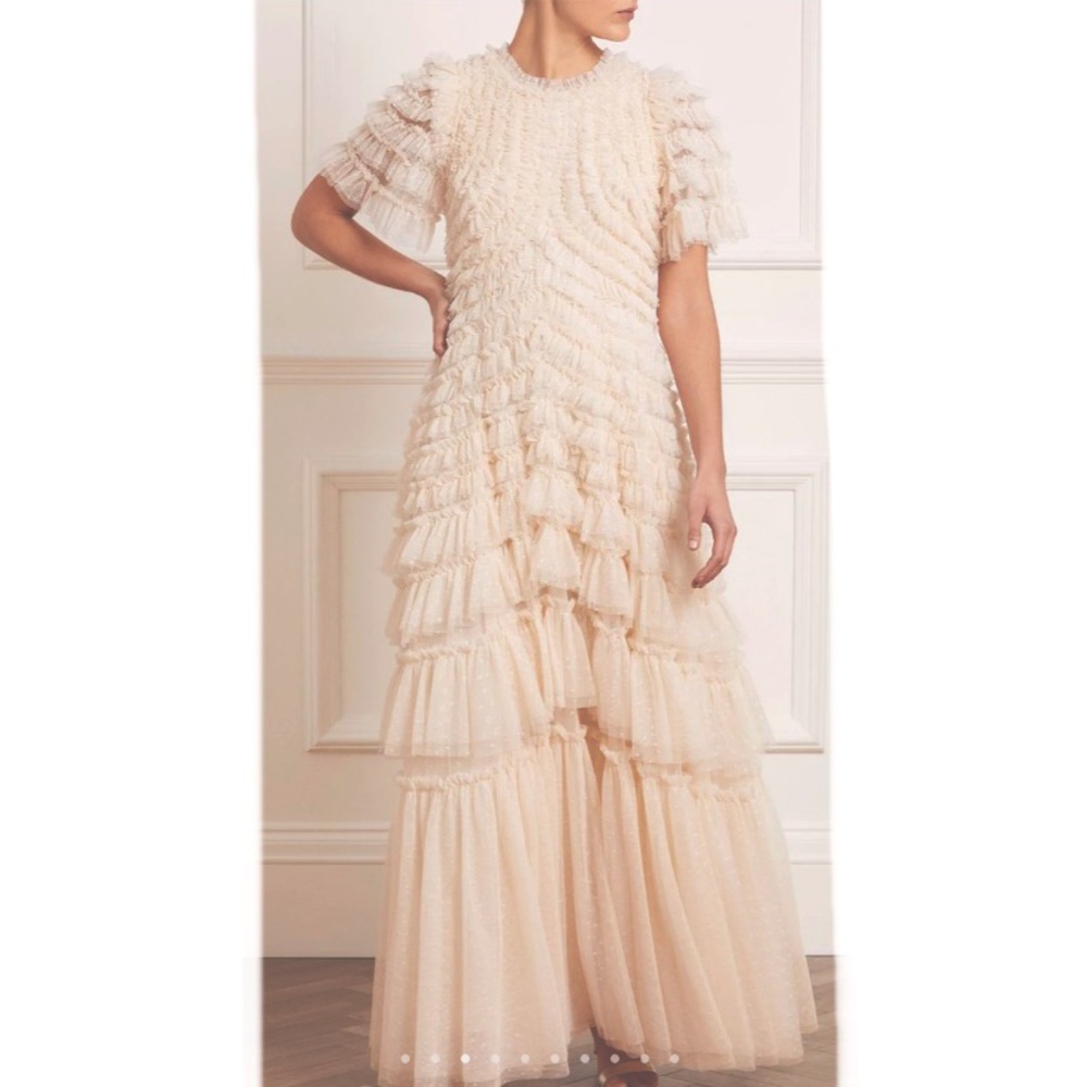Maxi ruffle gown in champagne, full tulle skirt